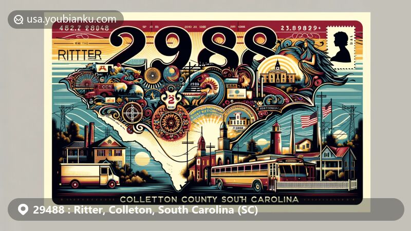 Colorful illustration of Ritter, Colleton County, South Carolina, featuring a postcard with ZIP code 29488, showcasing local landmarks, cultural symbols, and postal elements like a stamp and postmark.