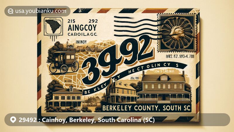 Vintage-style illustration for ZIP code 29492 in Cainhoy, Berkeley County, South Carolina, featuring airmail envelope with local landmarks like Cainhoy Historic District and Plantation.