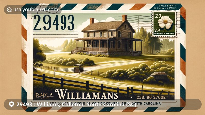 Artistic representation of Williams, Colleton County, South Carolina, showcasing the historic Tom Williams House and rural beauty, featuring unique clapboard dogtrot style architecture and lush green scenery.