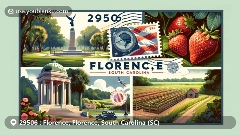 Modern illustration of zipcode 29506 in Florence, South Carolina, featuring Florence Veterans Park with World War II monument, Columns Plantation, and Cottle Strawberry Farm.