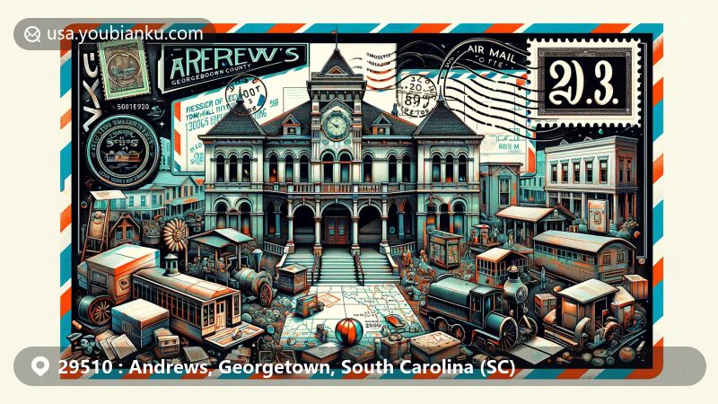 Illustration of Old Town Hall Museum in Andrews, featuring cultural and historical elements like period toys, Victorian furniture, and railroad memorabilia. Background includes outlines of Georgetown and Williamsburg counties. Postal theme with ZIP code 29510, stamp, mailbox, and postal van.