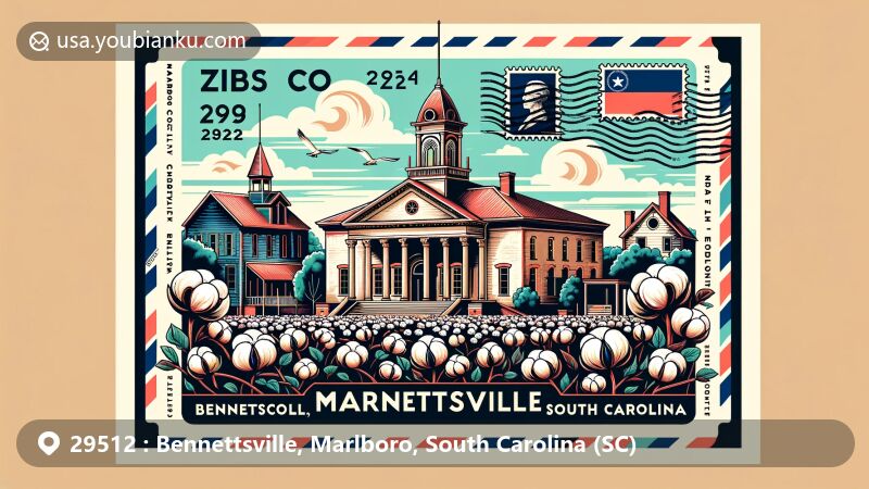 Vibrant illustration of Bennettsville, Marlboro, South Carolina, highlighting ZIP code 29512 and Marlboro County Courthouse, with cotton plants, historic homes, and South Carolina state flag stamp.