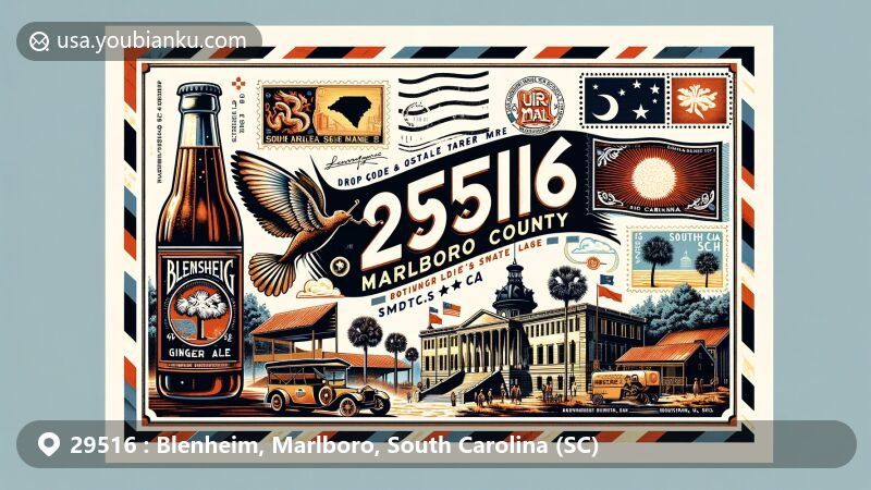 Modern illustration of Blenheim, Marlboro County, South Carolina, with vintage air mail envelope showcasing ZIP code 29516, featuring local landmarks like Blenheim Ginger Ale bottle, Marlboro County Courthouse, and South Carolina state symbols.