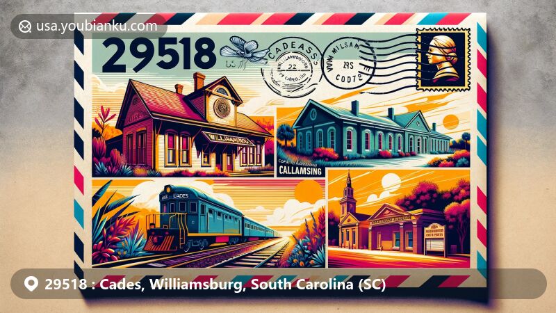 Modern illustration of Cades, Williamsburg County, South Carolina, with postal theme showcasing historic Cades Depot and Cooper's Academy, representing transportation, education, and community commitment.