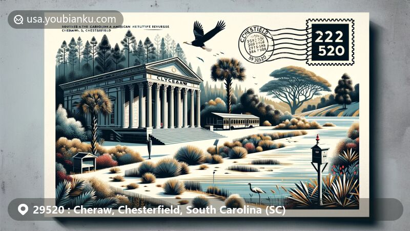 Modern illustration of Cheraw, Chesterfield County, South Carolina, featuring Lyceum Museum, Cheraw State Park with Lake Juniper, Carolina Sandhills National Wildlife Refuge, and Southern African American Heritage Center.