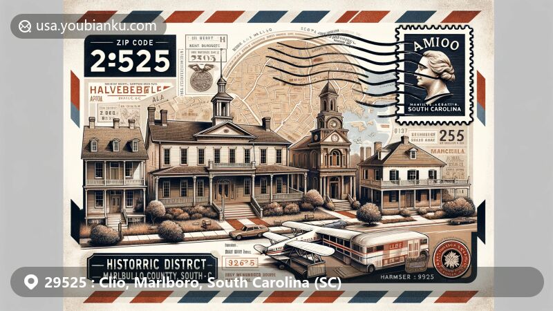 Modern illustration of Clio, Marlboro, South Carolina, inspired by air mail envelope, showcasing ZIP code 29525, featuring Clio Historic District with Colonial Revival, Classical Revival, and Queen Anne architectural styles.