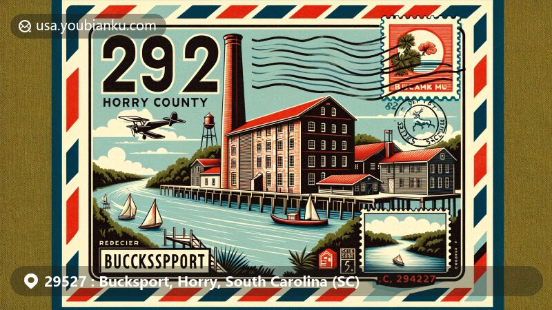 Modern illustration of Bucksport, Horry County, South Carolina, showcasing postal theme with ZIP code 29527, featuring Buck's Upper Mill chimney and Gullah Geechee culture.
