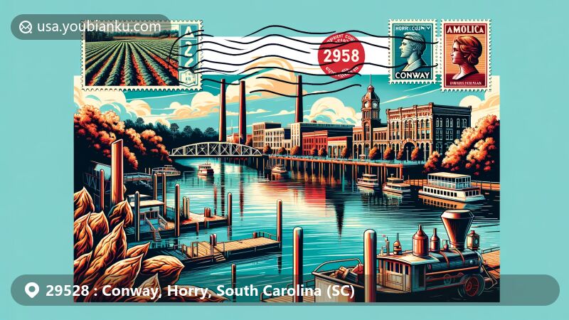 Modern illustration representing Conway, Horry County, SC postal theme with ZIP code 29528, featuring Waccamaw River, Conway Riverwalk, Downtown Conway architecture, and tobacco fields.