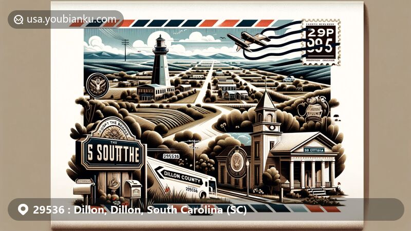 Modern illustration of Dillon city and Dillon County, South Carolina, showcasing 'South of the Border' landmark, Little Pee Dee State Park, cityscape, and postal elements with ZIP code 29536.