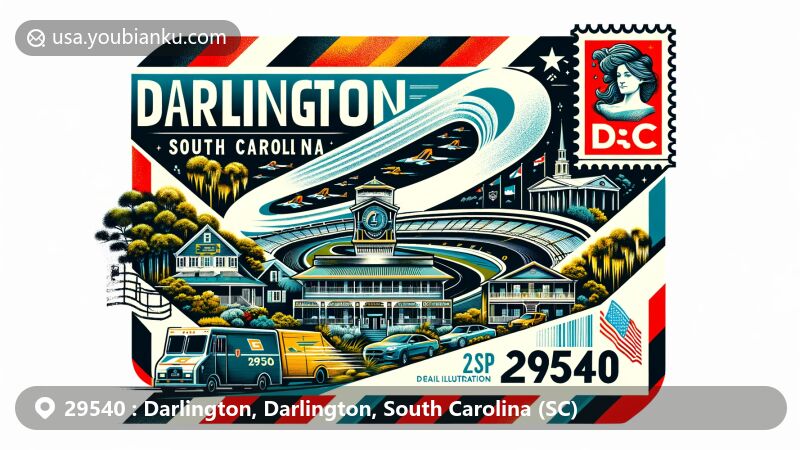 Modern illustration of Darlington, South Carolina, showcasing postal theme with ZIP code 29540, featuring Darlington Raceway, historical landmarks, and natural beauty.