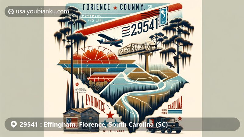 Modern illustration of Effingham, Florence County, South Carolina, featuring vintage airmail envelope with ZIP code 29541, Lynches River, cypress trees, Spanish moss, South Carolina outline, state flag stamp, postmark, and postal truck.