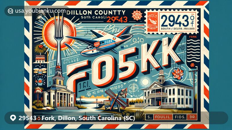 Vintage-style airmail envelope illustration for Fork, Dillon County, South Carolina depicting ZIP Code 29543, showcasing Dillon County Courthouse, Page's Millpond, and South of the Border.