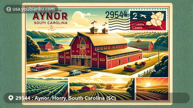 Modern illustration of Aynor, Horry County, South Carolina, depicting ZIP Code 29544 with a focus on agricultural heritage and postal theme, featuring the historic Holliday Farms red barn, tobacco and cotton fields, and scenic rural landscape.