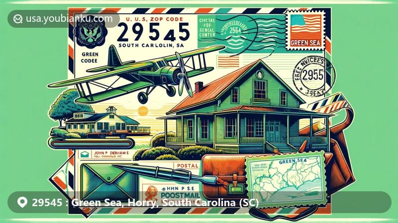 Vintage-style illustration of Green Sea, Horry County, South Carolina, showcasing airmail envelope with John P. Derham House, U.S. postage stamp, postal cancellation mark with ZIP Code 29545, and Green Sea Airport.