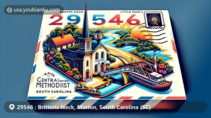 Modern illustration of Brittons Neck, Marion County, South Carolina, featuring postal envelope with ZIP code 29546, showcasing Great Pee Dee and Little Pee Dee Rivers, Britton's Ferry historical ferry, and Central United Methodist Church.