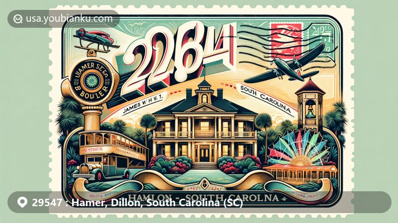 Modern illustration of Hamer, Dillon, South Carolina, highlighting ZIP code 29547, featuring James W. Hamer House and South of the Border attraction.