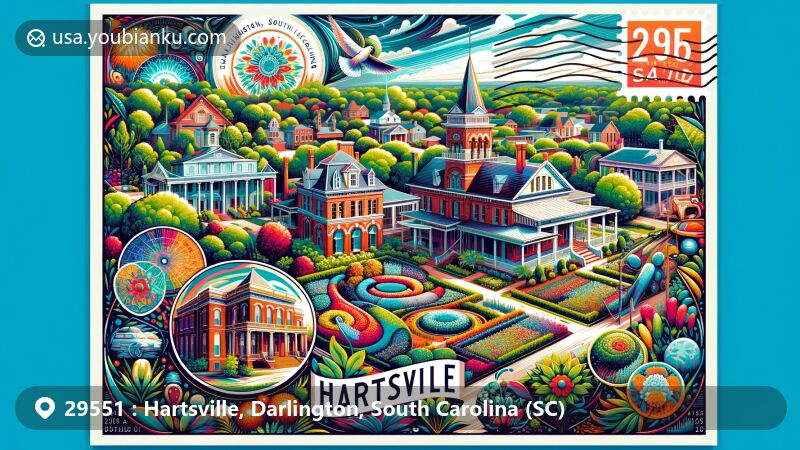 Modern illustration of Hartsville, Darlington County, South Carolina, depicting vibrant postcard theme with key landmarks like Kalmia Gardens, Thomas E. Hart House, and Coker University, integrated with town's cultural elements and typical postal imagery.