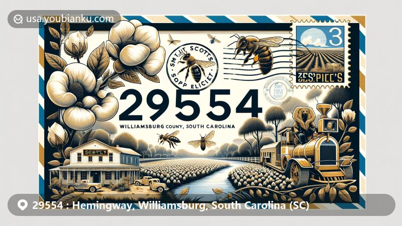 Modern illustration of Hemingway, Williamsburg County, South Carolina, showcasing postal theme with ZIP code 29554, featuring scenes of cotton and tobacco farming, Scott’s Barbeque, honeybees, kudzu vines, and Pee Dee River.