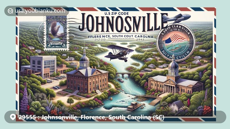 Modern illustration of Johnsonville, Florence County, South Carolina, featuring vintage air mail envelope with postal themes and local landmarks like City Hall and Lynches River.