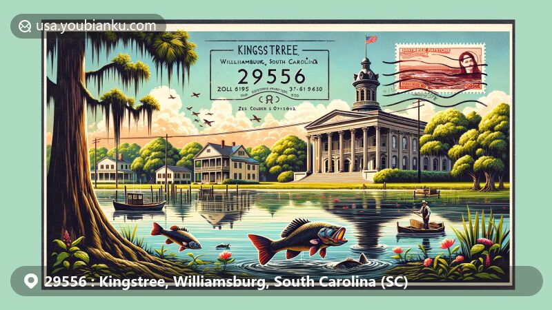 Modern illustration of Kingstree, Williamsburg, South Carolina, showcasing vintage postcard design with Williamsburg County Courthouse, Thorntree House, Black River, and aquatic life silhouettes.