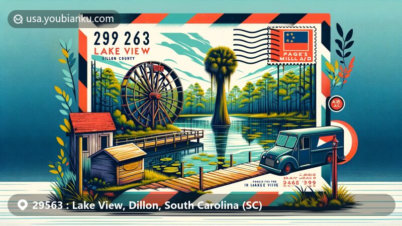 Modern illustration of Page's Millpond, Lake View, Dillon County, South Carolina, resembling an air mail envelope, featuring serene cypress swamp and historic millpond, with postal elements including ZIP Code 29563 postmark, SC state flag stamp, mailbox, and postal truck.