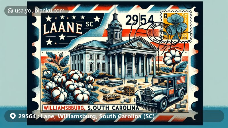 Modern illustration of Lane, Williamsburg, South Carolina, featuring vintage air mail envelope with postage stamp of Williamsburg County Courthouse and local characteristics like cotton plants, integrating state identity with South Carolina flag outline and 'Lane, SC 29564' postal mark.