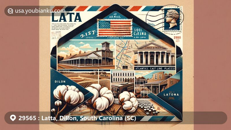 Unique illustration of Latta, Dillon, South Carolina, highlighting historic district, cotton field, and railroad heritage, with vintage air mail envelope and South Carolina state symbols.