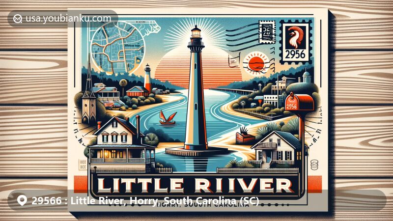 Modern illustration representing Little River, Horry, South Carolina, USA, with postal code 29566. Features Governor's Lighthouse, local attractions, and a serene coastal sunrise.