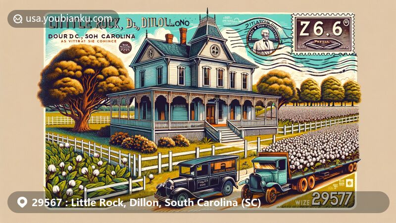 Modern illustration featuring ZIP code 29567, representing Little Rock, Dillon in South Carolina, showcasing the James W. Dillon House, cotton and tobacco fields, vintage postcard layout, postal stamp, and classic postal truck.