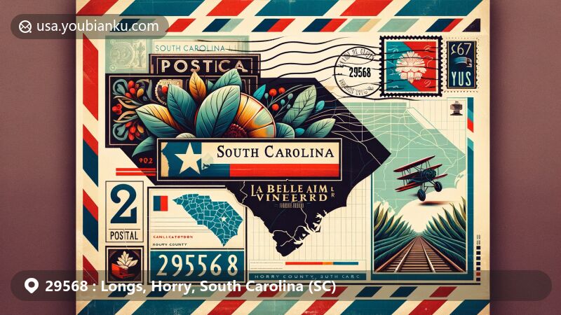 Vintage airmail envelope design for Longs, Horry County, South Carolina, ZIP code 29568, featuring state flag, Horry County map, La Belle Amie Vineyard, postal elements, and tobacco motifs.