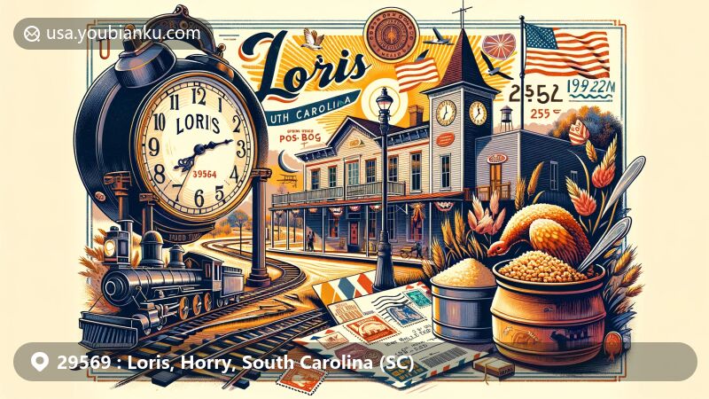 Southern town illustration of Loris, South Carolina, featuring postal envelope with ZIP code 29569, Loris Town Clock, and Bog-Off Festival elements, complemented by vintage train hints.