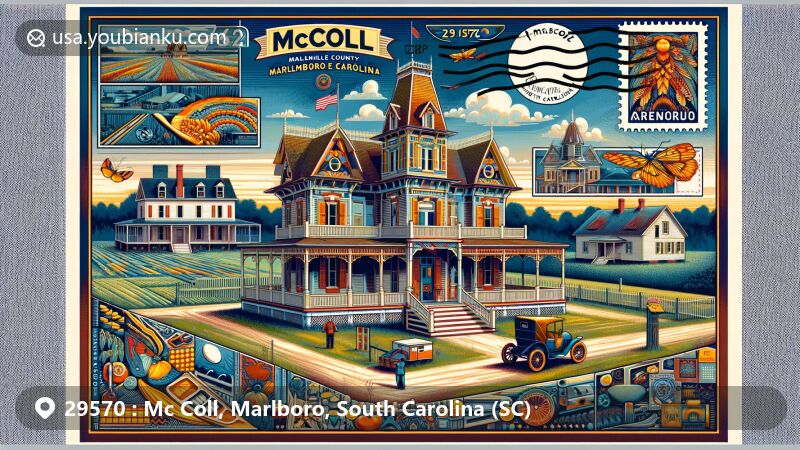 Modern illustration of McColl, Marlboro County, South Carolina, representing ZIP code 29570, featuring Mango House and McLaurin Roper McColl Farmstead, blending Second Empire architecture and diverse historical styles with a hint of Pee Dee Indian Tribe culture.