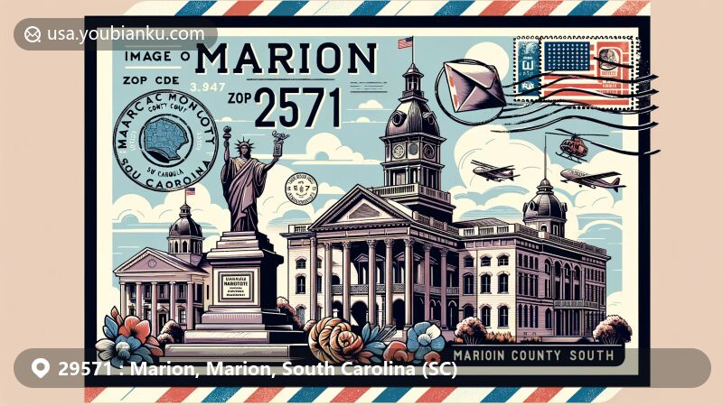 Modern illustration of Marion City, Marion County, South Carolina, featuring the Marion County Courthouse, Francis Marion statue, and Marion County Museum, with vintage postal design elements and highlighted ZIP code 29571.