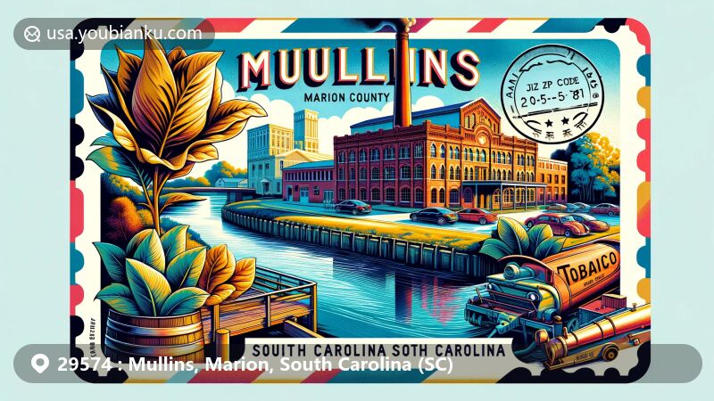 Modern illustration of Mullins, Marion County, South Carolina, with postal theme featuring the South Carolina Tobacco Museum, Old Brick Warehouse, and Little Pee Dee River.