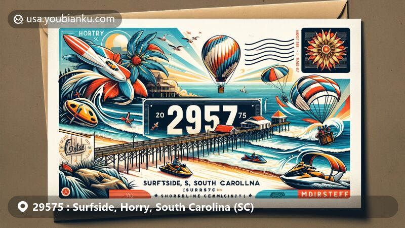 Modern illustration of Surfside, Horry County, South Carolina, showcasing postal theme with ZIP code 29575, featuring Surfside Beach Pier and local watersports.
