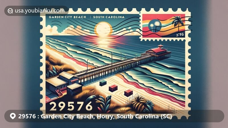 Modern illustration of Garden City Beach, Horry County, South Carolina, showcasing postal theme with ZIP code 29576, featuring Garden City Pier and South Carolina state flag.