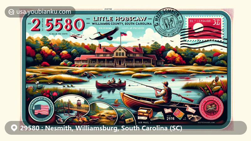 Modern illustration of Nesmith, Williamsburg County, South Carolina, featuring Little Hobcaw hunting preserve and outdoor activities like fishing and hiking, with postal elements such as vintage postage stamp and ZIP code 29580.