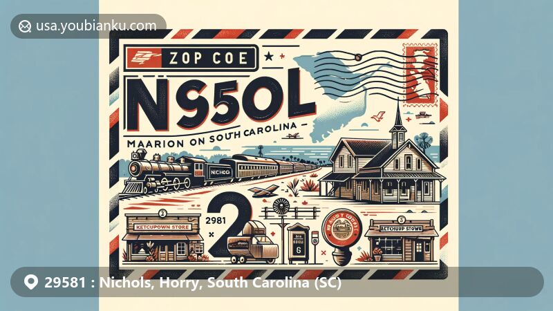 Modern illustration of Nichols, Marion County, South Carolina, showcasing postal theme with ZIP code 29581, featuring small-town charm, historical railroad connection, Ketchuptown Store, and Horry County coastal geography.