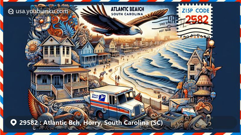 Modern illustration of Atlantic Beach, Horry County, South Carolina, featuring postcard design with coastal scenery and cultural elements, representing African-American heritage and Gullah/Geechee culture.