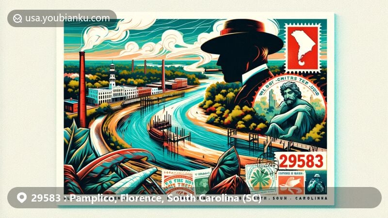 Modern illustration of Pamplico, Florence County, South Carolina, highlighting Pee Dee River, tobacco market history, Grey Man legend, and postal theme with ZIP code 29583.