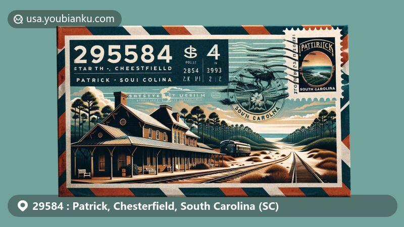 Unique illustration of ZIP Code 29584 in Patrick, Chesterfield, South Carolina, featuring airmail envelope, Patrick Depot, Sand Hills State Forest, and South Carolina state flag.