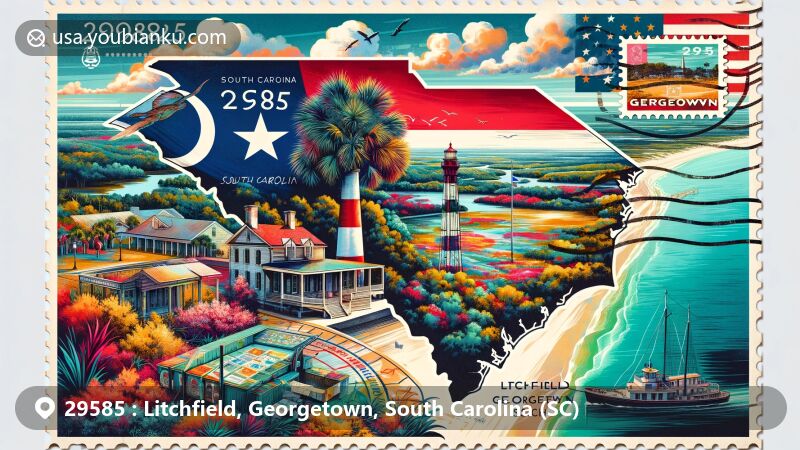 Modern illustration of Litchfield, Georgetown, South Carolina, with postcard design showcasing state flag, Litchfield Beach, Litchfield Plantation, Georgetown Lighthouse, Brookgreen Gardens, and ZIP code 29585.