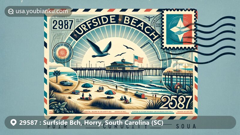 Modern illustration of Surfside Beach, Horry County, South Carolina, featuring Surfside Beach Pier and coastal charm, with detailed illustrations of oceanfront and family-friendly beaches, incorporating South Carolina state flag on a custom postage stamp.