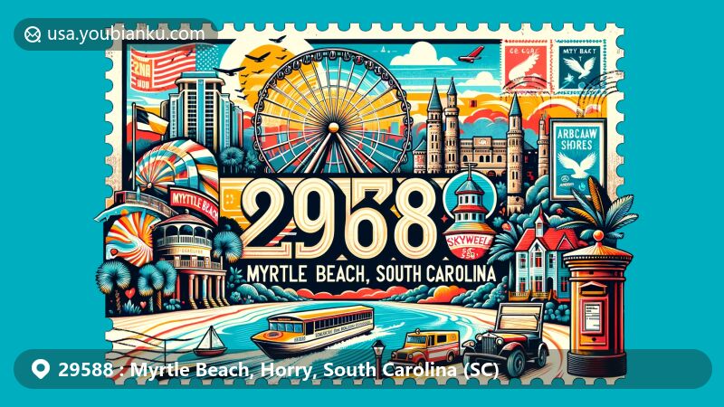 Modern illustration of Myrtle Beach, Horry County, South Carolina, featuring ZIP code 29588, showcasing iconic landmarks like the Skywheel, Arcadian Shores, Hobcaw Barony plantation, and Atalaya Castle, blended with postal motifs.