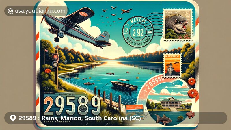 Modern illustration of Rains, Marion County, South Carolina, featuring ZIP code 29589 and the scenic Lake Marion with abundant bass and catfish, set against a backdrop of trees and clear sky, incorporating elements of postal communication like a vintage airmail envelope, postmark, and stamps depicting local landmarks such as Marion County Museum.