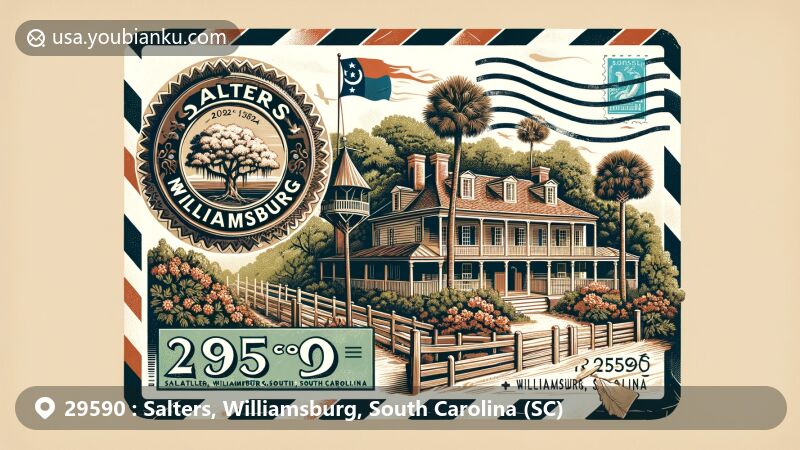 Modern illustration of Salters, Williamsburg, South Carolina, showcasing airmail envelope design with Salters Plantation House, live oak trees, Spanish moss, South Carolina state flag, and '29590' postal mark.