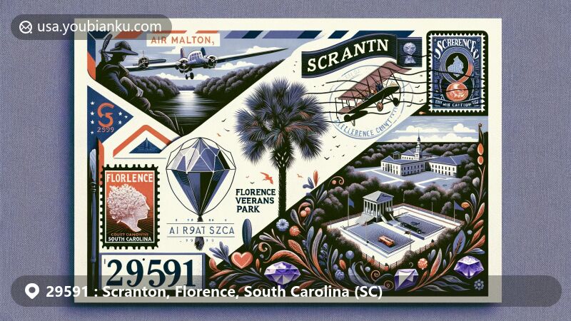 Vintage-style illustration of Scranton, Florence County, South Carolina, highlighting ZIP code 29591 with Florence Veterans Park, sabal palmetto tree, and amethyst gemstone, embodying local landmarks and South Carolina's identity.