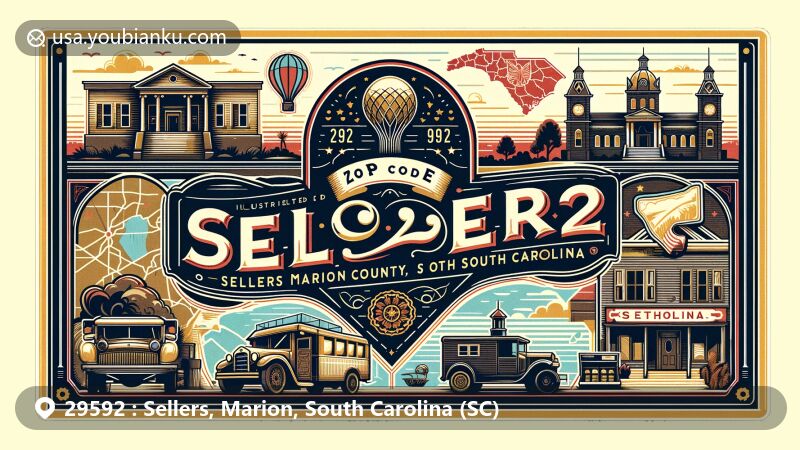 Modern illustration of Sellers, Marion County, South Carolina, with vintage postal card showcasing ZIP code 29592, detailed landmarks, and state silhouette.