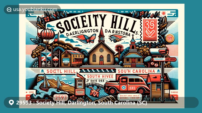 Creative postcard design for ZIP code 29593, Society Hill, Darlington, South Carolina, featuring Welsh Neck Baptist Church and Pee Dee River, with South Carolina state flag and airmail-style border.