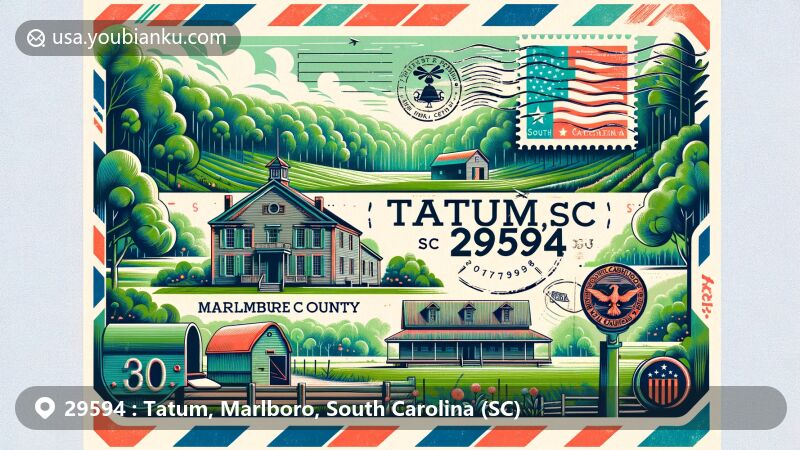 Modern illustration of Tatum, Marlboro County, South Carolina, showcasing postal theme with ZIP code 29594, featuring Manship Farmstead and local landscape.